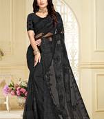 Designer Black Resham Embroidery Moti Stone Work Net Saree