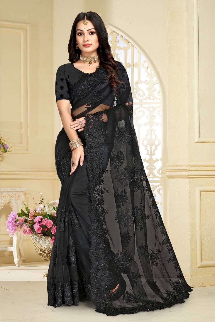 Designer Black Resham Embroidery Moti Stone Work Net Saree
