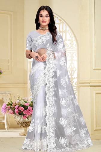 White Resham Moti Stone Embroidery Net Saree