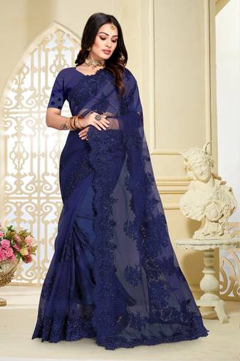 Navy Blue Resham Moti Stone Embroidery Net Saree