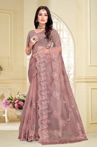 Beige Resham Stone Moti Embroidery Net Saree