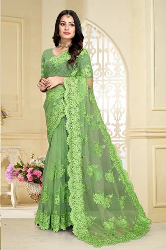 Green Resham Moti Stone Embroidery Net Saree