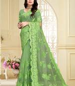 Green Resham Moti Stone Embroidery Net Saree