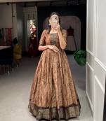 Trendy jacquard brown gown with ethnic belt for women