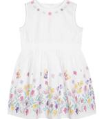 Budding bees girls border floral with neck embroidery dress-white
