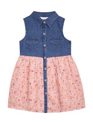 Budding bees girls denim &georgette  all-over print dress-blue & pink 1