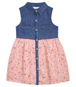 Budding bees girls denim &georgette  all-over print dress-blue & pink