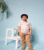 Budding bees boys shirt and pant set with stripe print- beige