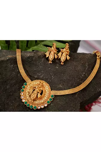 Gold plated indian traditional lord krishna temple jewellery necklace set with adjustable thread for women and girls