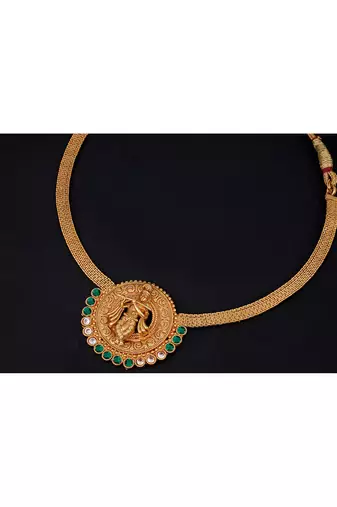 Gold plated indian traditional lord krishna temple jewellery necklace set with adjustable thread for women and girls