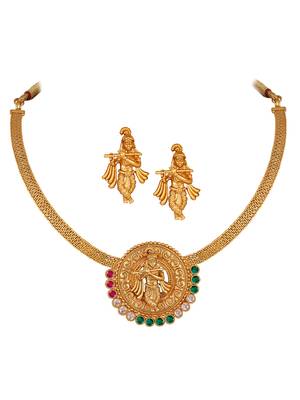 Gold plated indian traditional lord krishna temple jewellery necklace set with adjustable thread for women and girls 1