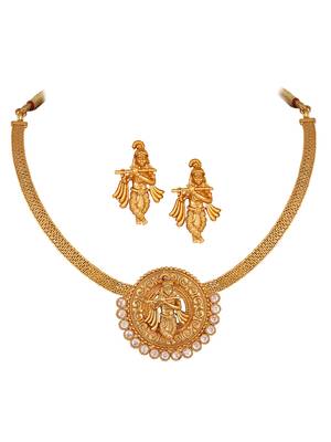 Gold plated indian traditional lord krishna temple jewellery necklace set with adjustable thread for women and girls 1