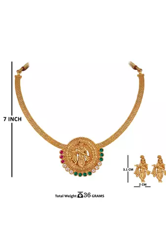Gold plated indian traditional lord krishna temple jewellery necklace set with adjustable thread for women and girls