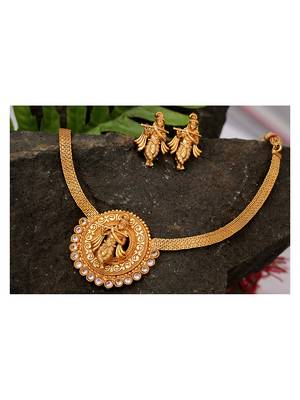 Gold plated indian traditional lord krishna temple jewellery necklace set with adjustable thread for women and girls 2