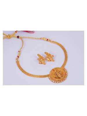 Gold plated indian traditional lord krishna temple jewellery necklace set with adjustable thread for women and girls 3