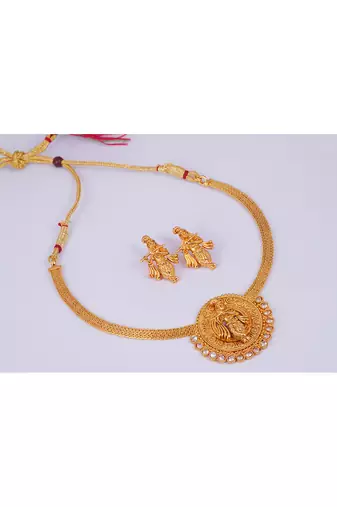Gold plated indian traditional lord krishna temple jewellery necklace set with adjustable thread for women and girls