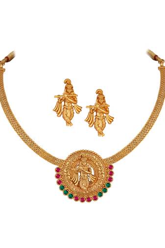 Gold plated indian traditional lord krishna temple jewellery necklace set with adjustable thread for women and girls
