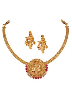Gold plated indian traditional lord krishna temple jewellery necklace set with adjustable thread for women and girls 1