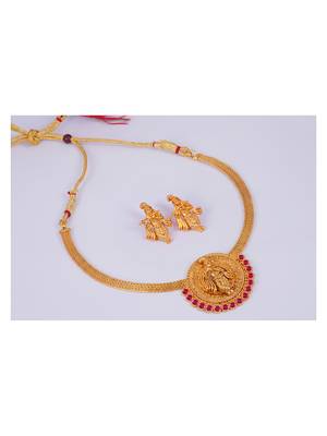 Gold plated indian traditional lord krishna temple jewellery necklace set with adjustable thread for women and girls 4