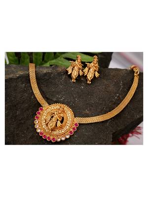 Gold plated indian traditional lord krishna temple jewellery necklace set with adjustable thread for women and girls 2