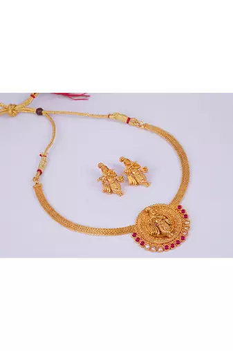 Gold plated indian traditional lord krishna temple jewellery necklace set with adjustable thread for women and girls