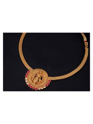Gold plated indian traditional lord krishna temple jewellery necklace set with adjustable thread for women and girls 4