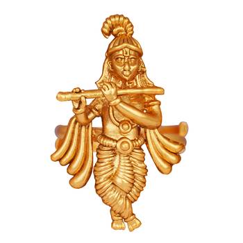 Gold plated ethnic antique traditional round lord krishna adjustable finger ring indian temple ring for women and girls 1