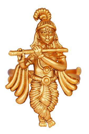 Gold plated ethnic antique traditional round lord krishna adjustable finger ring indian temple ring for women and girls