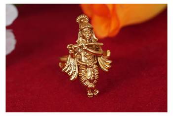 Gold plated ethnic antique traditional round lord krishna adjustable finger ring indian temple ring for women and girls 2