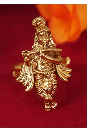Gold plated ethnic antique traditional round lord krishna adjustable finger ring indian temple ring for women and girls