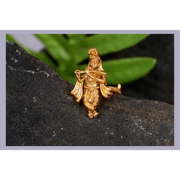 Gold plated ethnic antique traditional round lord krishna adjustable finger ring indian temple ring for women and girls 3