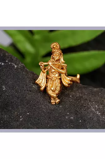 Gold plated ethnic antique traditional round lord krishna adjustable finger ring indian temple ring for women and girls