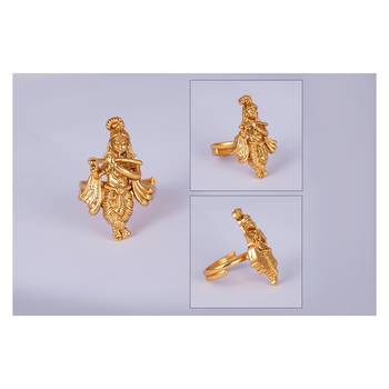 Gold plated ethnic antique traditional round lord krishna adjustable finger ring indian temple ring for women and girls 4