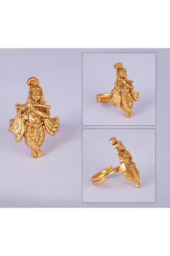 Gold plated ethnic antique traditional round lord krishna adjustable finger ring indian temple ring for women and girls