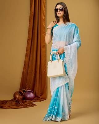Sky Blue Soft Tabi Silk Digital Print With Dori Work Saree With Stitched Blouse WITH UN-STITCHED BLOUSE 1
