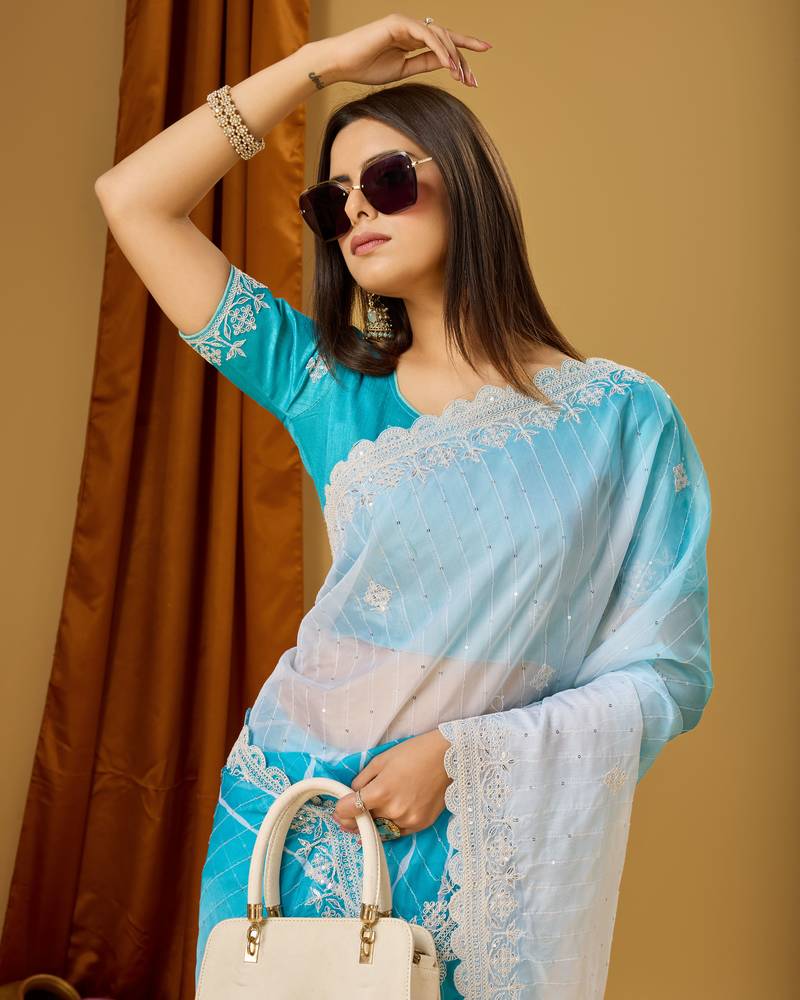Sky Blue Soft Tabi Silk Digital Print With Dori Work Saree With Stitched Blouse WITH UN-STITCHED BLOUSE