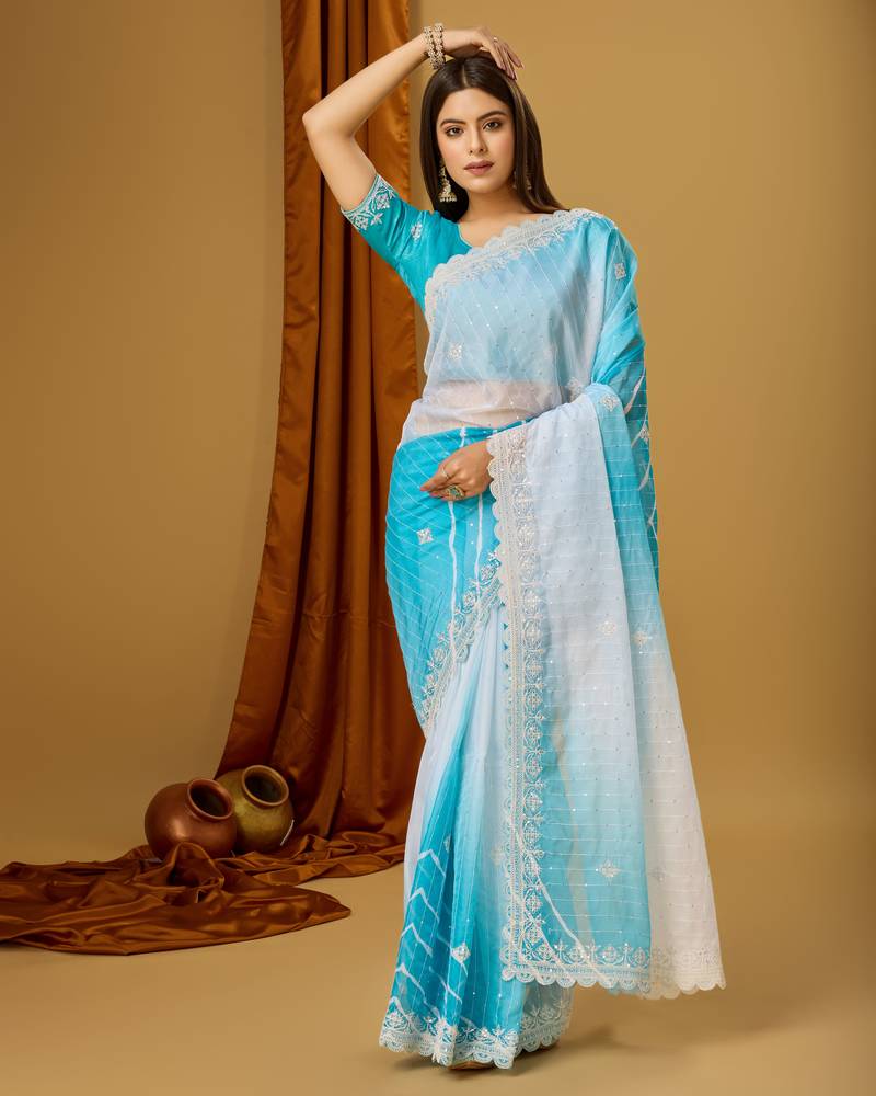 Sky Blue Soft Tabi Silk Digital Print With Dori Work Saree With Stitched Blouse WITH UN-STITCHED BLOUSE