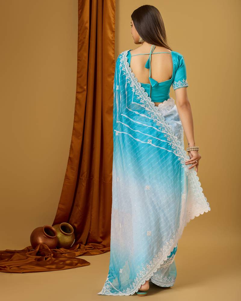 Sky Blue Soft Tabi Silk Digital Print With Dori Work Saree With Stitched Blouse WITH UN-STITCHED BLOUSE