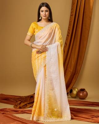Lemon YellowSoft Tabi Silk Digital Print With Dori Work Saree With Stitched Blouse WITH UN-STITCHED BLOUSE 1