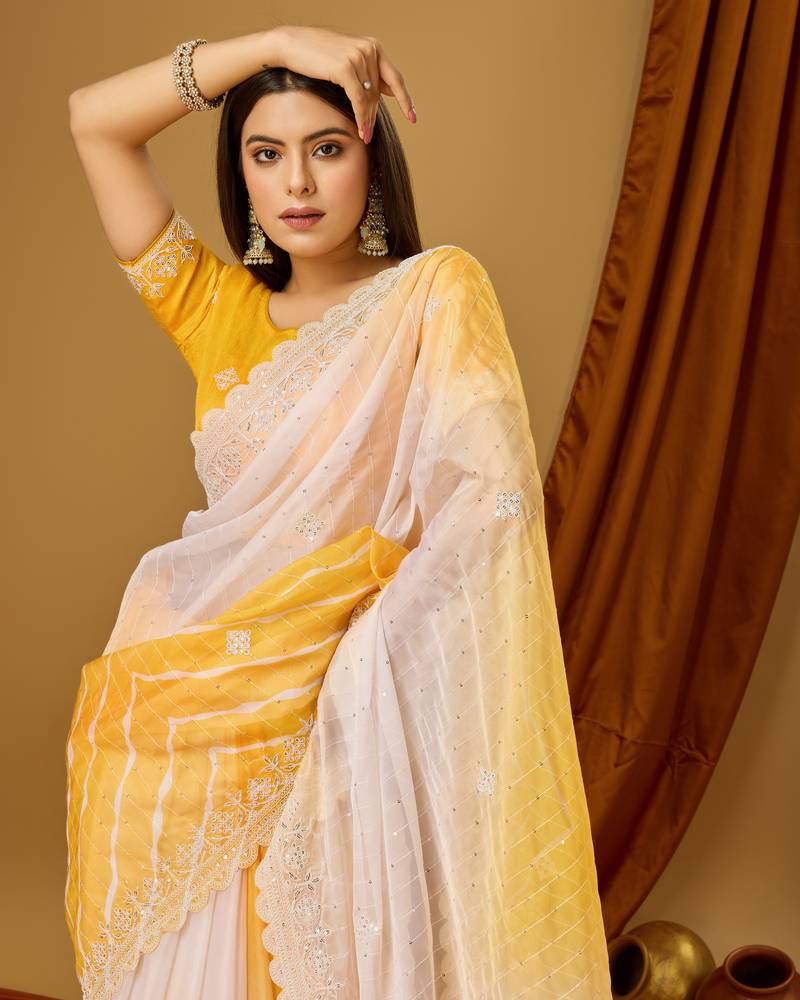 Lemon YellowSoft Tabi Silk Digital Print With Dori Work Saree With Stitched Blouse WITH UN-STITCHED BLOUSE