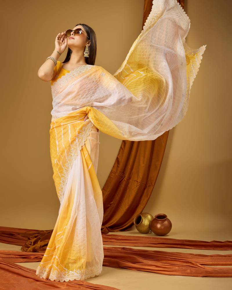 Lemon YellowSoft Tabi Silk Digital Print With Dori Work Saree With Stitched Blouse WITH UN-STITCHED BLOUSE