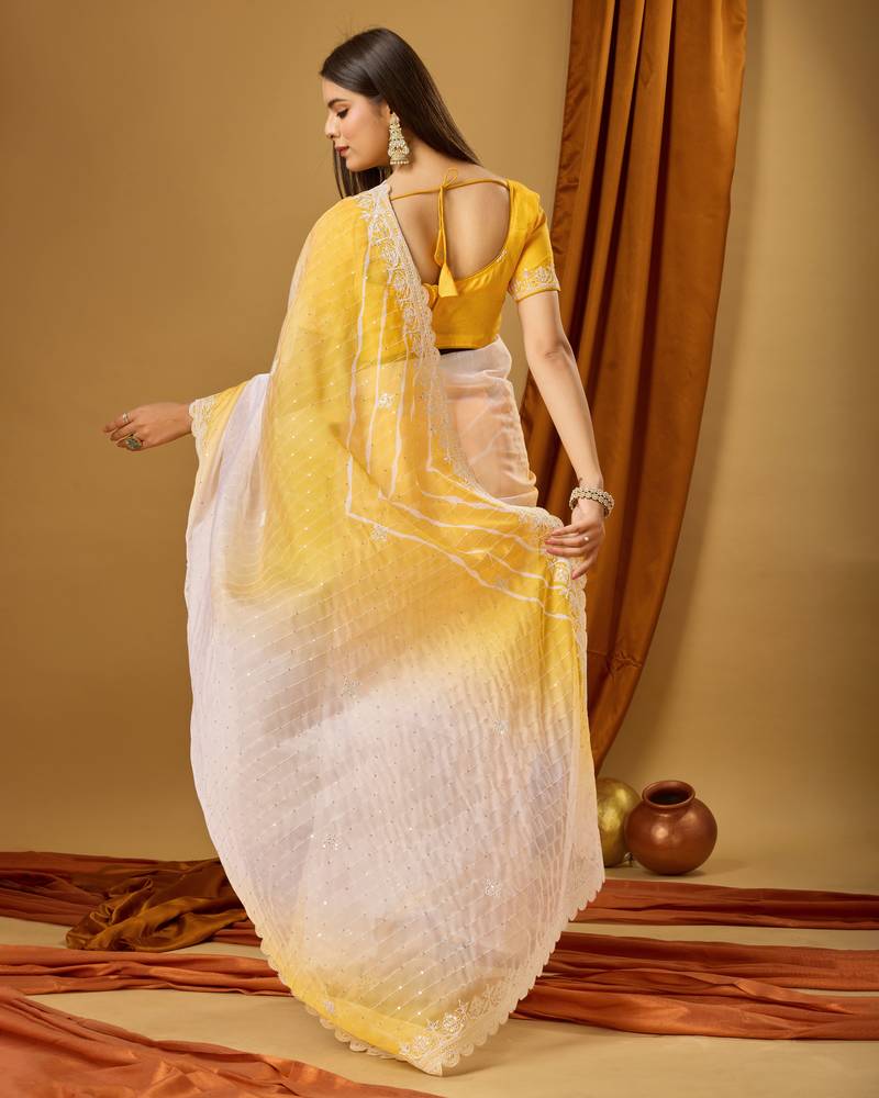 Lemon YellowSoft Tabi Silk Digital Print With Dori Work Saree With Stitched Blouse WITH UN-STITCHED BLOUSE
