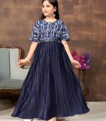 Aarika girls party wear navy blue colour abstract print nylon dress with belt