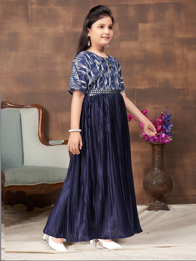 Aarika girls party wear navy blue colour abstract print nylon dress with belt