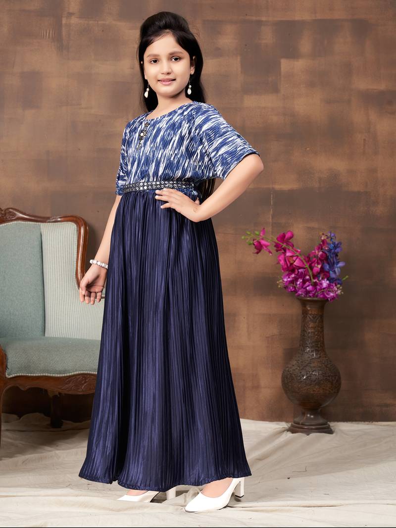 Aarika girls party wear navy blue colour abstract print nylon dress with belt