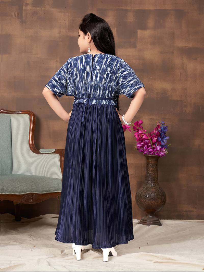 Aarika girls party wear navy blue colour abstract print nylon dress with belt