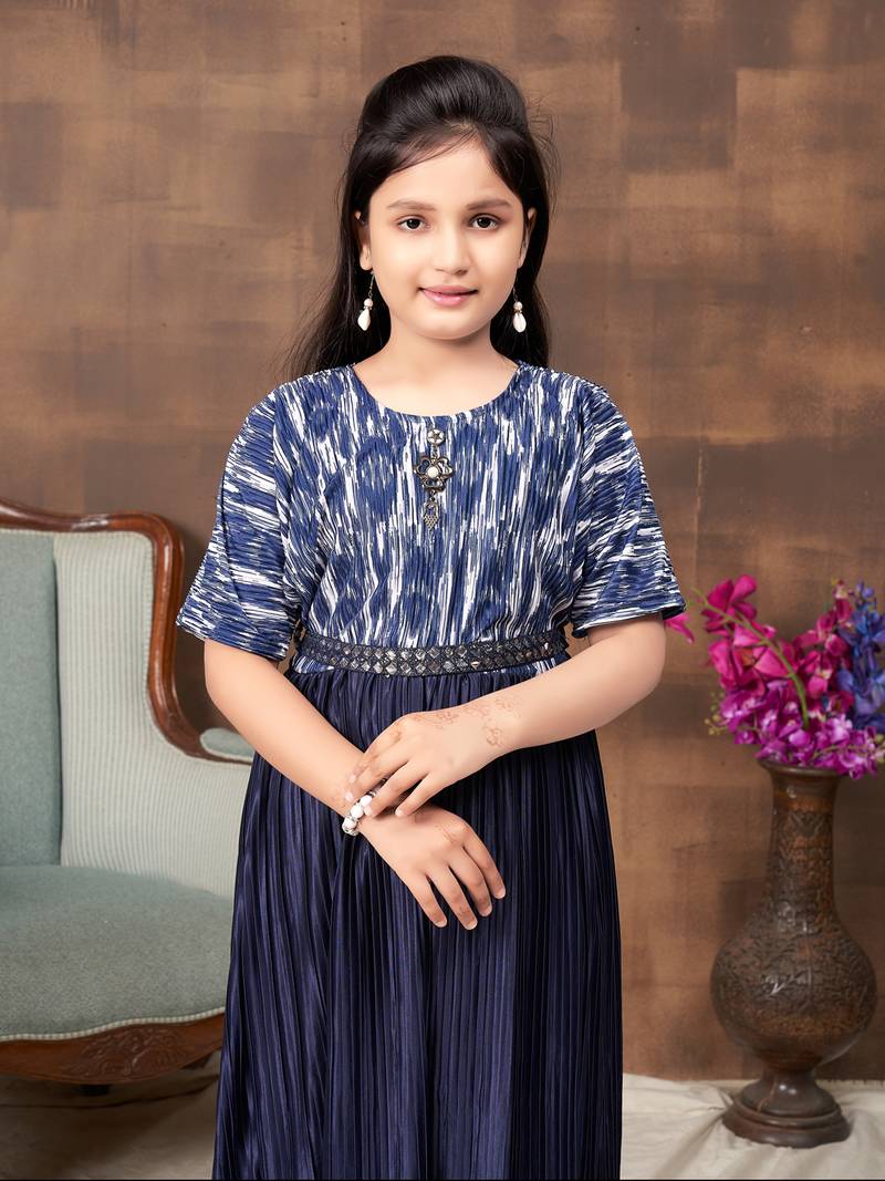 Aarika girls party wear navy blue colour abstract print nylon dress with belt