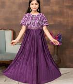 Aarika girls party wear purple colour abstract print nylon dress with belt