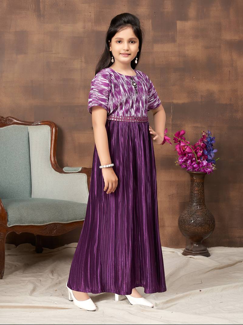 Aarika girls party wear purple colour abstract print nylon dress with belt