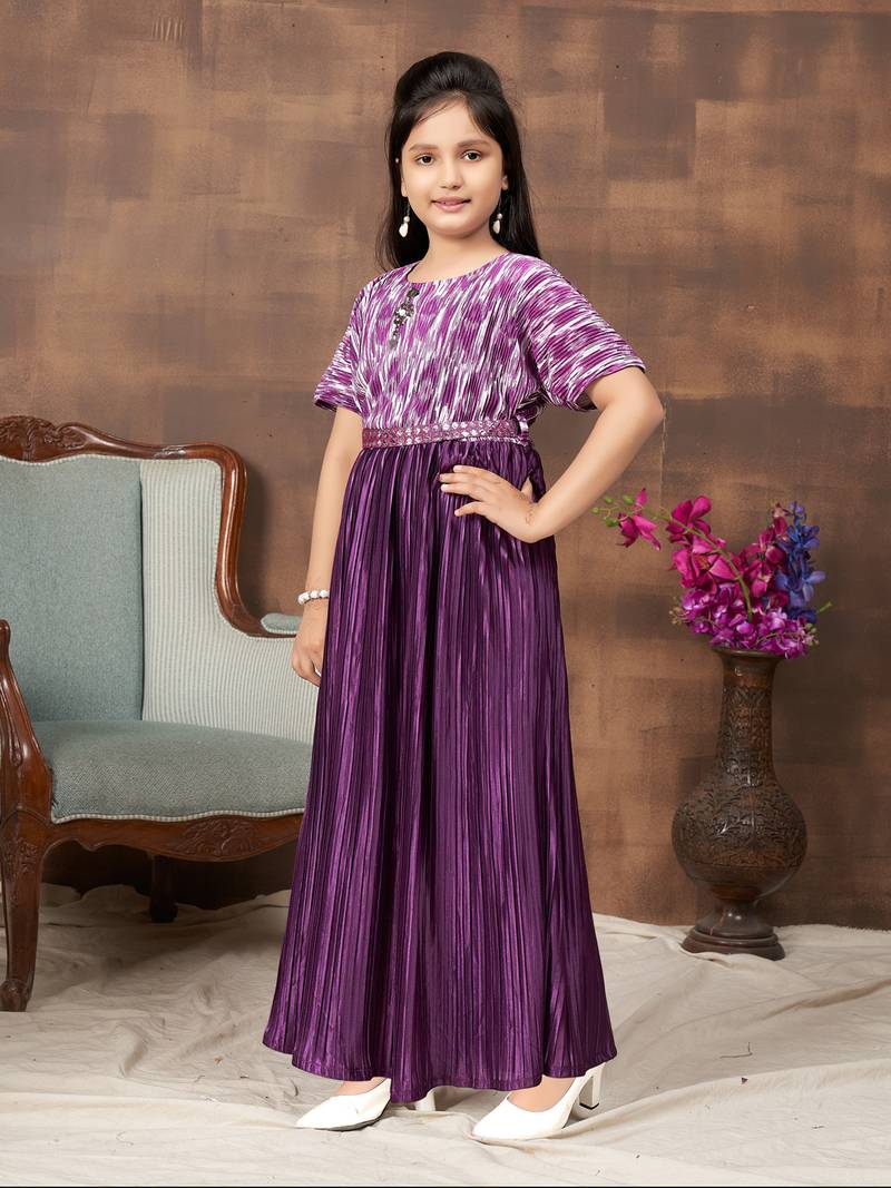 Aarika girls party wear purple colour abstract print nylon dress with belt